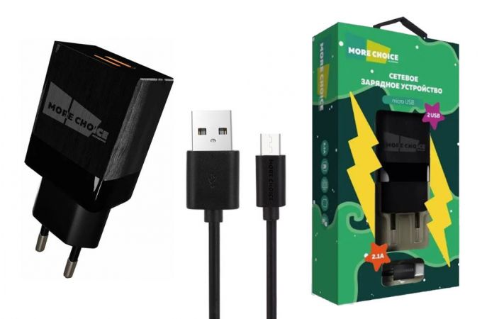 Сетевое зарядное устройство 2USB + кабель Micro USB More choice NC24m 2.1A (Black)