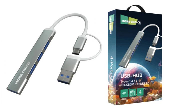 Разветвитель USB HUB More choice HUB03 1USB 3.0+3USB 2.0 Type-C 0,1м  (Grey)