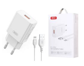 Сетевое зарядное устройство USB + кабель Lightning XO L127 (EU)  USB-A QC18W Fast Charger new logo, белый