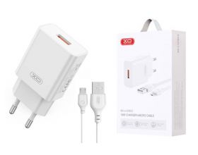 Сетевое зарядное устройство USB + кабель MicroUSB XO L127  (EU) USB-A QC18W Fast Charger new logo, белый