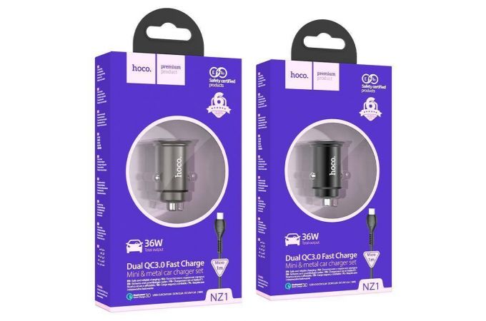 Автомобильное зарядное устройство АЗУ 2USB + кабель Type-C HOCO NZ1 36W+QC3.0 (черный)