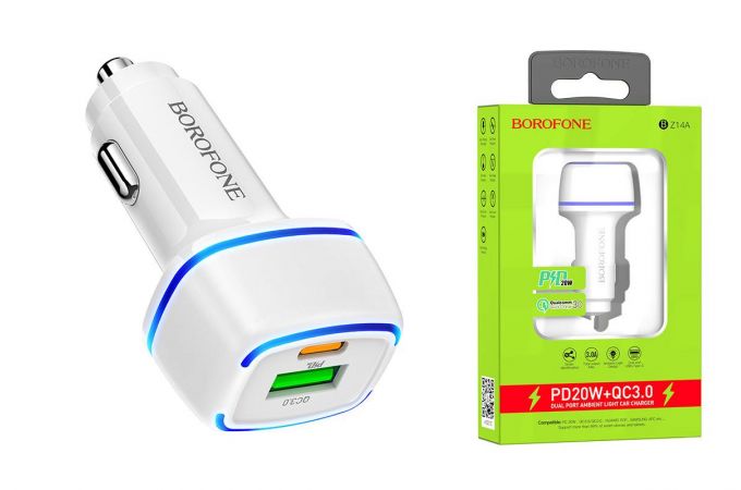 Автомобильное зарядное устройство АЗУ USB + Type-C BOROFONE BZ14A Mercury dual port PD 20W + QC3.0 (белый)