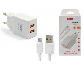 Сетевое зарядное устройство 2USB + кабель MicroUSB BYZ U20 EU, 2.4А, 1 м (белый)