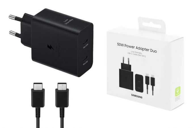 Сетевое зарядное устройство 2USB-C Samsung PD Adapter 50W + кабель Type-C Adapter Duo EP-T5020 (or.) (черный)