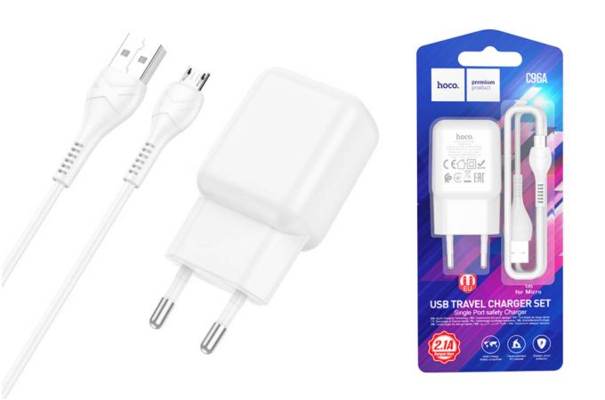 Сетевое зарядное устройство USB + кабель MicroUSB HOCO C96A 2400mAh (белый)