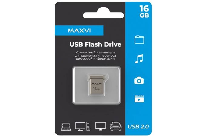 USB флеш накопитель 16 Gb Maxvi MM Metallic silver мини, металл  / FD16GBUSB20C10MM