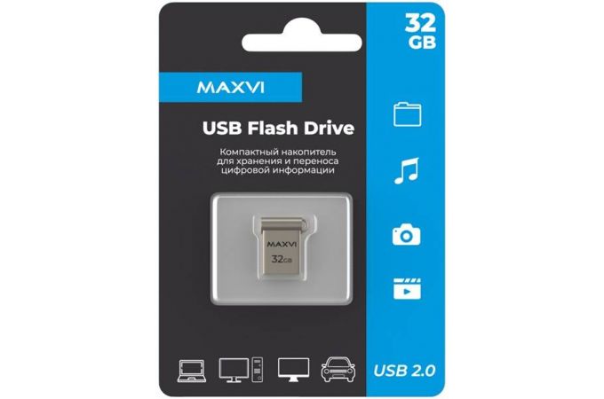 USB флеш накопитель 32 Gb Maxvi MM Metallic silver мини, металл  / FD32GBUSB20C10MM