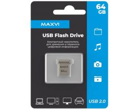 USB флеш накопитель 64 Gb Maxvi MM Metallic silver мини, металл  / FD64GBUSB20C10MM