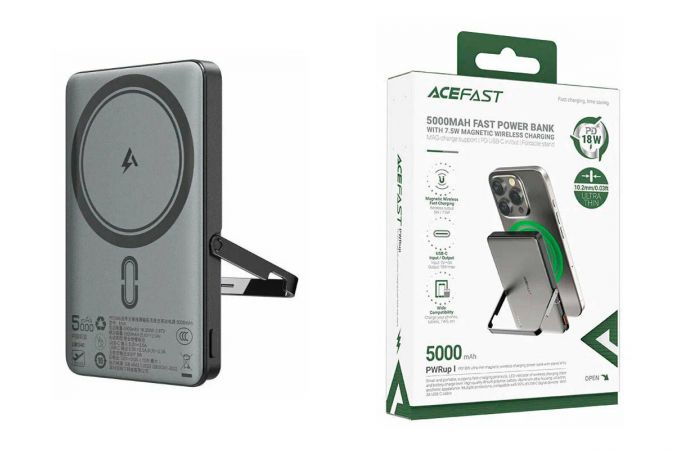 Универсальный дополнительный аккумулятор Power Bank ACEFAST M16 PD18W ultra-thin magnetic wireless charging power bank with stand 5000mAh Black (черный)