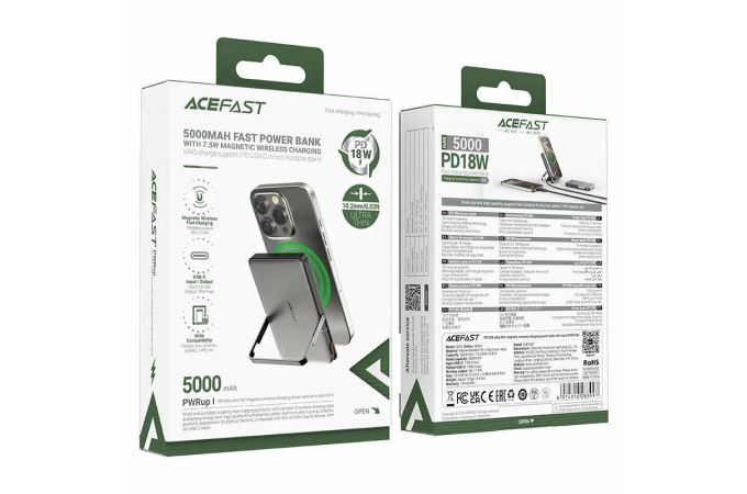 Универсальный дополнительный аккумулятор Power Bank ACEFAST M16 PD18W ultra-thin magnetic wireless charging power bank with stand 5000mAh Black (черный)