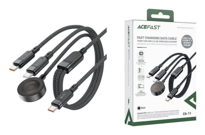 Сетевое зарядное устройство ACEFAST C6-11 USB-C 3-in-1 100W intelligent balance charging data cable (Черный)