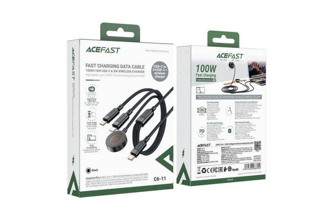Сетевое зарядное устройство ACEFAST C6-11 USB-C 3-in-1 100W intelligent balance charging data cable (Черный)