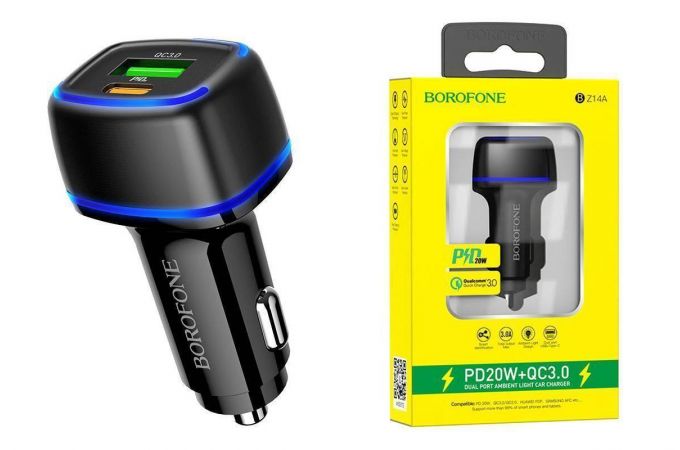 Автомобильное зарядное устройство АЗУ USB + USB-C BOROFONE BZ14A Mercury dual port PD 20W + QC3.0 c (черный)