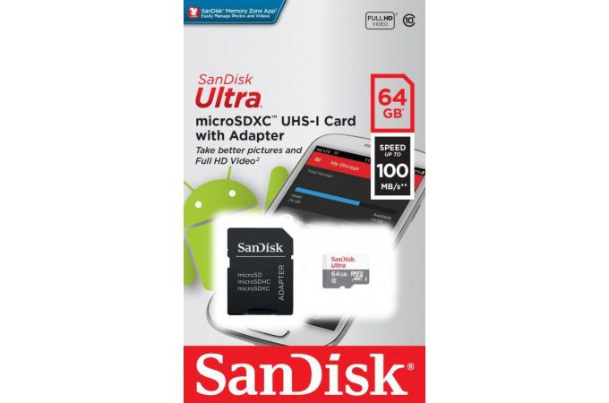 Карта памяти MicroSDXC 64 Gb SanDisk Ultra 100Mb/s SDSQUNR-064G-GN3MA