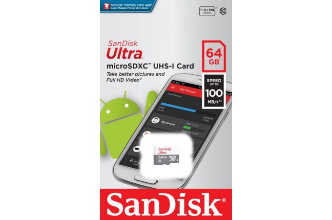 Карта памяти MicroSDXC 64 Gb SanDisk Ultra 100Mb/s б/ад SDSQUNR-064G-GN3MN