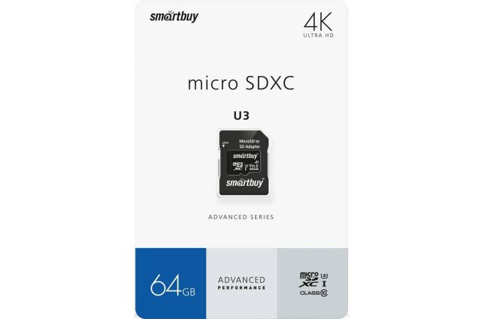 Карта памяти MicroSDXC 64 Gb SmartBuy class 10 Advanced  90/55 Mb/s U3 V30 A1 / SB64GBSDU1A-AD