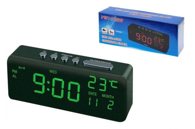 Часы настольные VST 762W-4 (говорящие, температура) (зеленый)
