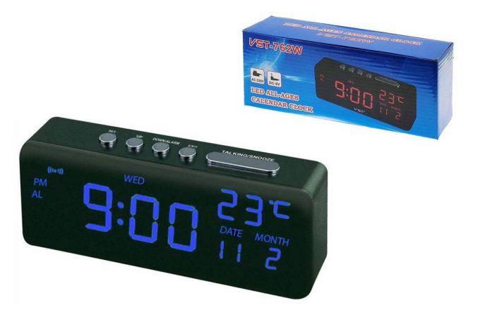 Часы настольные VST 762W-5 (говорящие,температура) (синий)