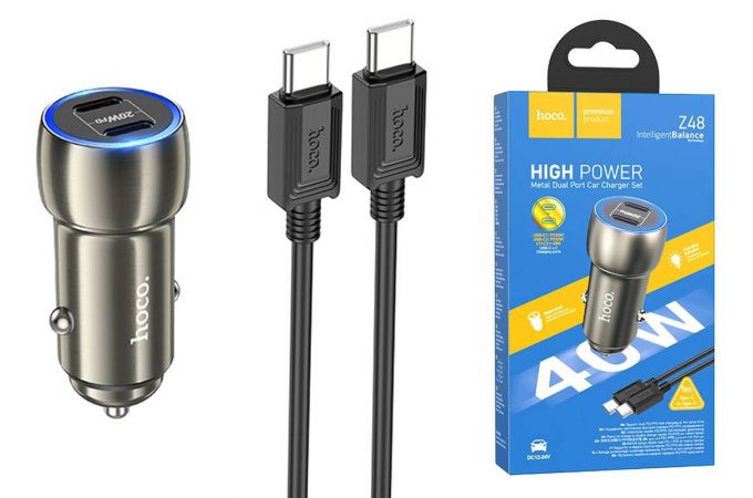 Автомобильное зарядное устройство АЗУ 2USB-С + кабель Type-C HOCO Z48 Tough 40W (черный)