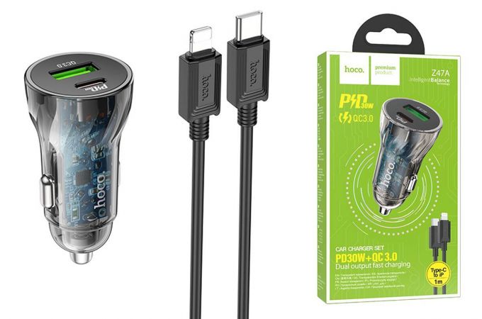 Автомобильное зарядное устройство АЗУ USB + Type-C + кабель Lightning HOCO Z47A Discovery Edition PD+QC3.0 (черный прозрачный)