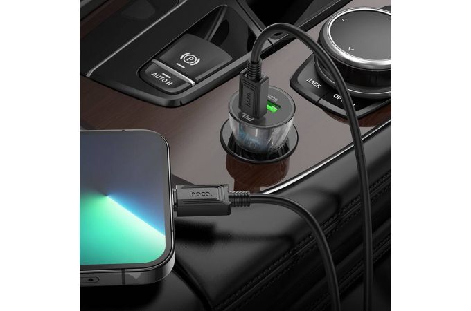 Автомобильное зарядное устройство АЗУ USB + Type-C + кабель Lightning HOCO Z47A Discovery Edition PD+QC3.0 (черный прозрачный)