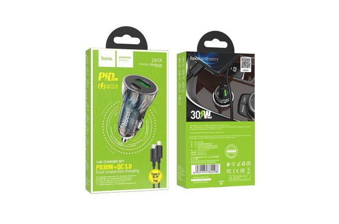 Автомобильное зарядное устройство АЗУ USB + Type-C + кабель Lightning HOCO Z47A Discovery Edition PD+QC3.0 (черный прозрачный)