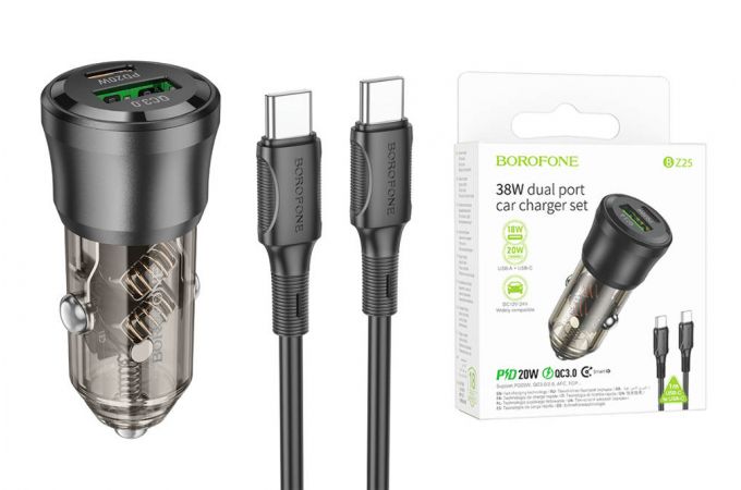 Автомобильное зарядное устройство АЗУ USB + USB-C + кабель Type-C - Type-C Borofone BZ25 Journey PD38W + QC3.0 (черный прозрачный)