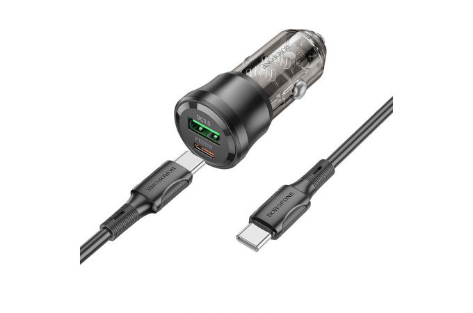 Автомобильное зарядное устройство АЗУ USB + USB-C + кабель Type-C - Type-C Borofone BZ25 Journey PD38W + QC3.0 (черный прозрачный)