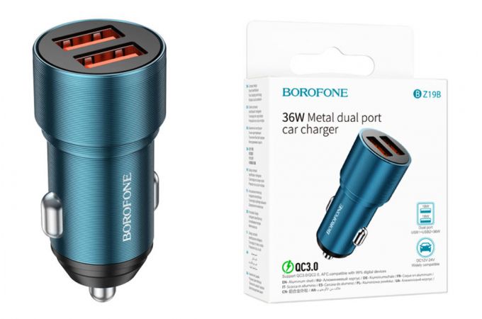 Автомобильное зарядное устройство АЗУ 2USB BOROFONE BZ19B 36W  QC3.0 Wisdom 2400 mAh (синий)