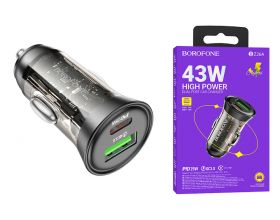 Автомобильное зарядное устройство АЗУ USB+USB-C BOROFONE BZ26A PD30W + QC3.0 (прозрачный черный)