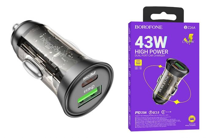 Автомобильное зарядное устройство АЗУ USB + USB-C BOROFONE BZ26A PD30W + QC3.0 (прозрачный черный)