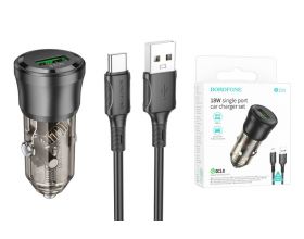 Автомобильное зарядное устройство АЗУ USB + кабель Type-C Borofone BZ23 QC3.0 (черный прозрачный)