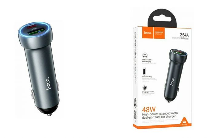 Автомобильное зарядное устройство АЗУ USB-C HOCO Z54A Prosperous 48W с 2 портами PD30W+QC3.0 (металлик)