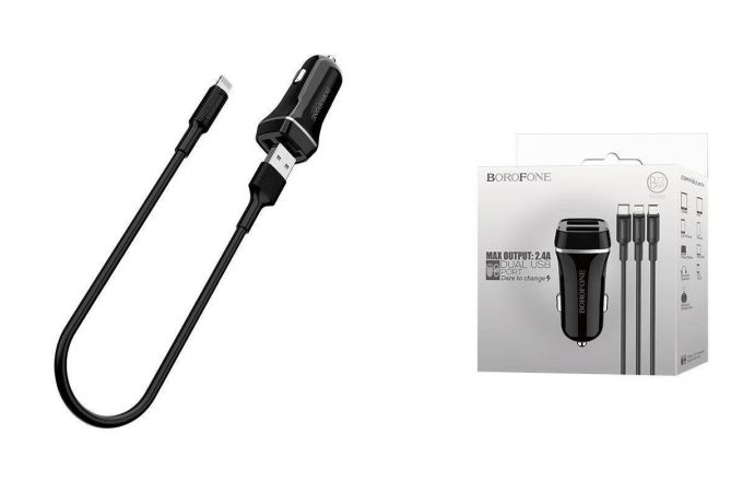 Автомобильное зарядное устройство АЗУ 2USB + кабель Lightning BOROFONE BZ2 Jouroad 2400 mAh (черный)