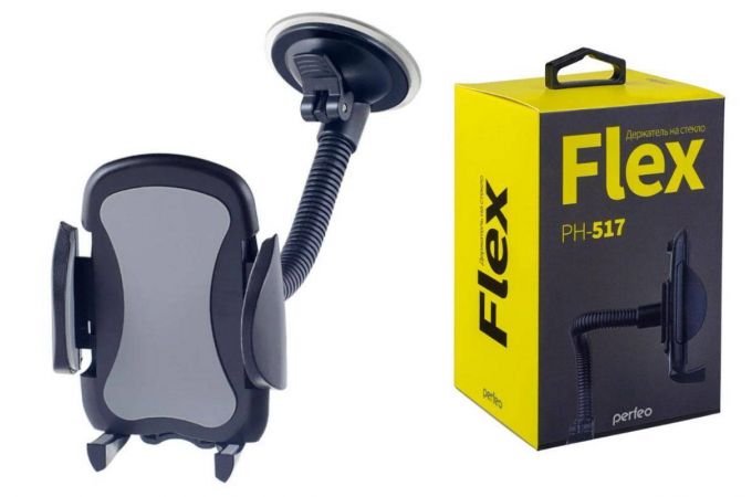 Держатель автомобильный для телефона Perfeo-517 до 6,5"/ на стекло/ гибкая штанга (черный+серый)