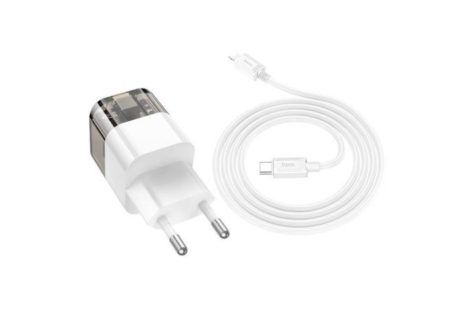 Сетевое зарядное устройство 2USB-C + кабель Lightning - Type-C HOCO C131A Platinum PD30W +QC 3.0  (черный прозрачный)