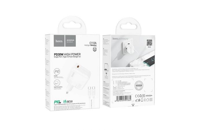 Сетевое зарядное устройство USB-C + кабель Type-C HOCO C112A PD30W (белый)