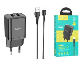 Сетевое зарядное устройство 2USB + кабель Lightning HOCO N25 Marker 2400mAh (черный)