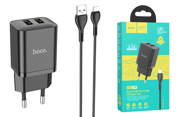 Сетевое зарядное устройство 2USB + кабель Lightning HOCO N25 Marker 2400mAh (черный)