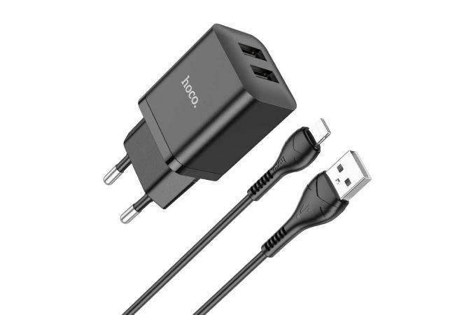 Сетевое зарядное устройство 2USB + кабель Lightning HOCO N25 Marker 2400mAh (черный)