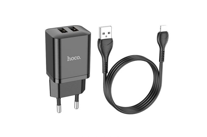 Сетевое зарядное устройство 2USB + кабель Lightning HOCO N25 Marker 2400mAh (черный)