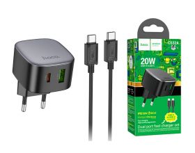 Сетевое зарядное устройство USB+USB-C + кабель Type-C-Type-C HOCO CS32A PD20W + QC3.0 (черный)