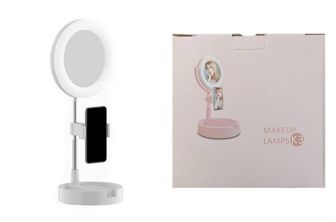 Кольцевая лампа настольная К-3 (16 см) для фото и видеосъемки с креплением телефона и зеркалом (белый)