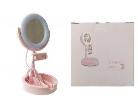 Кольцевая лампа настольная К-3 (16 см) для фото и видеосъемки с креплением телефона и зеркалом (розовый)