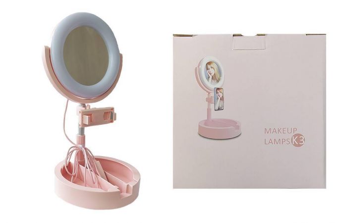 Кольцевая лампа настольная К-3 (16 см) для фото и видеосъемки с креплением телефона и зеркалом (розовый)