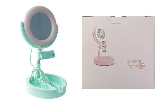 Кольцевая лампа настольная К-3 (16 см) для фото и видеосъемки с креплением телефона и зеркалом (зеленый)