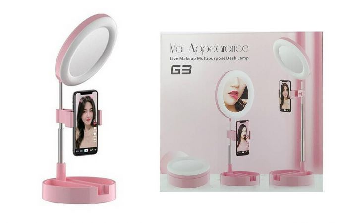 Кольцевая лампа настольная G-3 (16 см) для фото и видеосъемки с креплением телефона и зеркалом (розовый)
