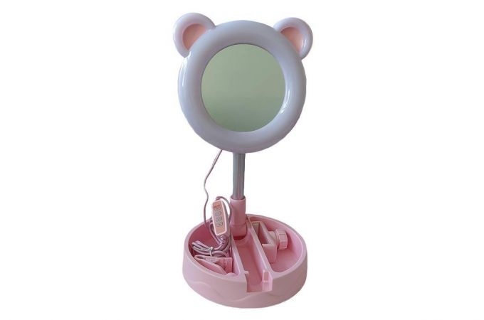 Кольцевая лампа настольная D3 (16 см) для фото и видеосъемки с креплением телефона и зеркалом (розовый)