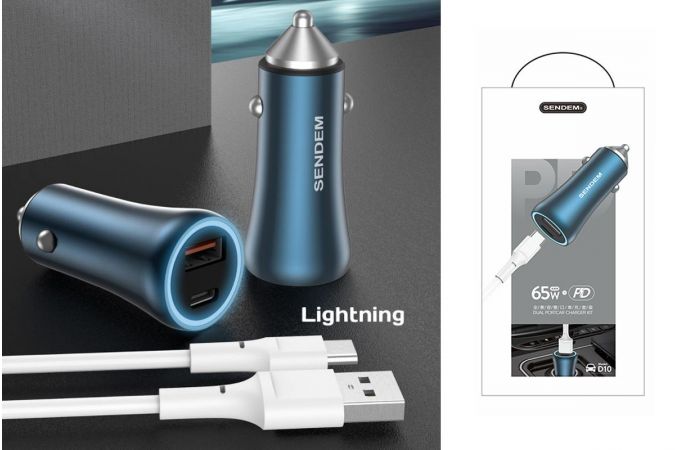 Автомобильное зарядное устройство АЗУ USB + кабель Lightning SENDEM D10 (PD18+QC3.0,4000mA)