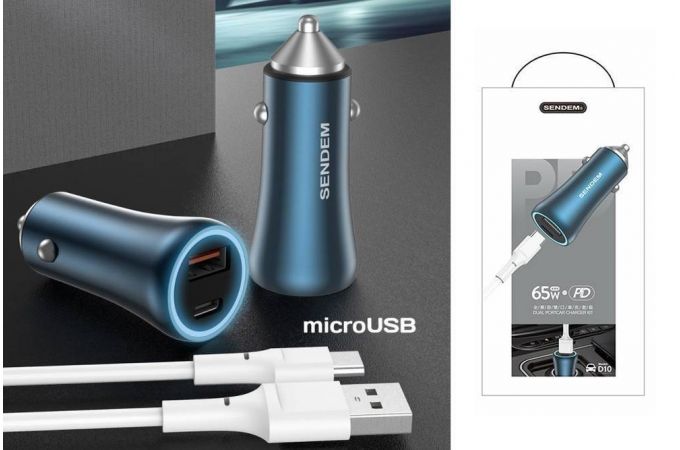 Автомобильное зарядное устройство АЗУ USB + кабель MicroUSB SENDEM D10 (PD18+QC3.0,4000mA) (синий)